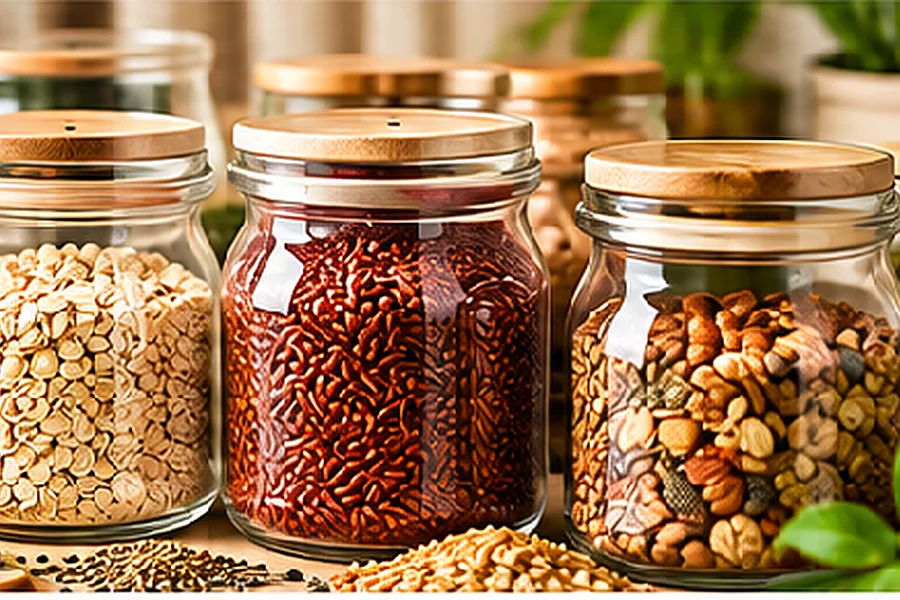 Những hũ ngũ cốc đậy kín xếp gọn trong ngăn tủ bếp khô ráo, tránh nắng